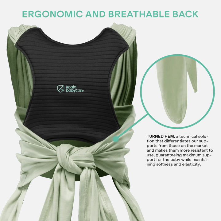 Back view of Koala Babycare Koala Cuddle Band 2 in sage green showing ergonomic and breathable support panel