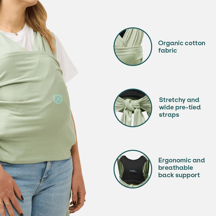 Koala Cuddle Band 2 in sage green with organic cotton, pre-tied straps, and ergonomic back support
