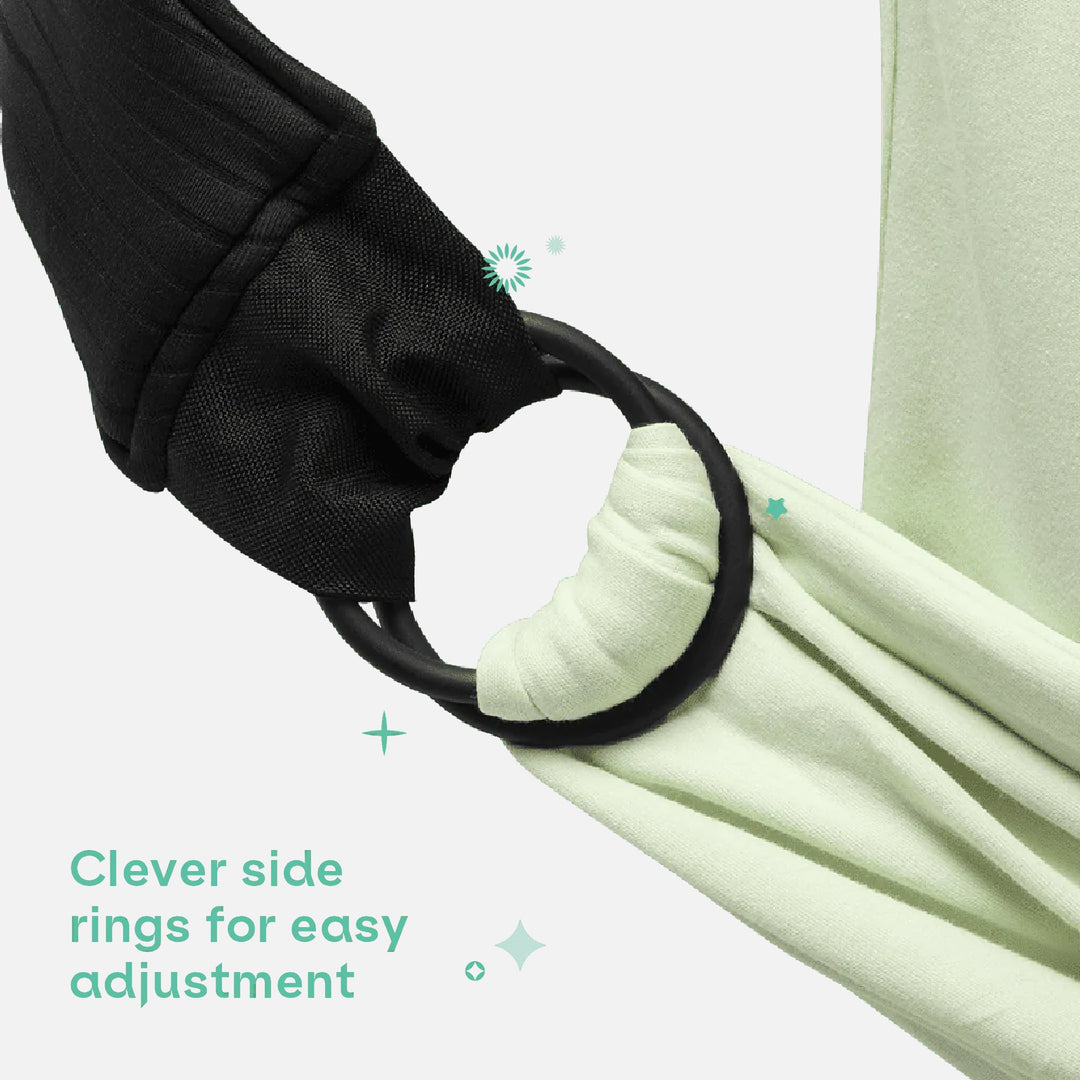 Close-up of side rings on sage green Koala Babycare Koala Cuddle Band 2 for easy adjustment
