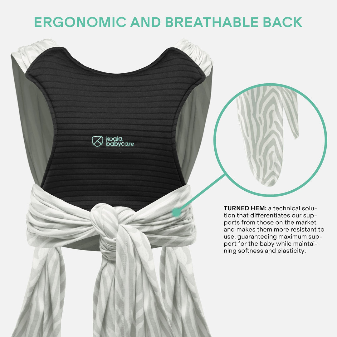 Close-up of the Koala Cuddle Band 2 baby carrier in tiger-print gray, highlighting its ergonomic and breathable back support panel with reinforced stitching.