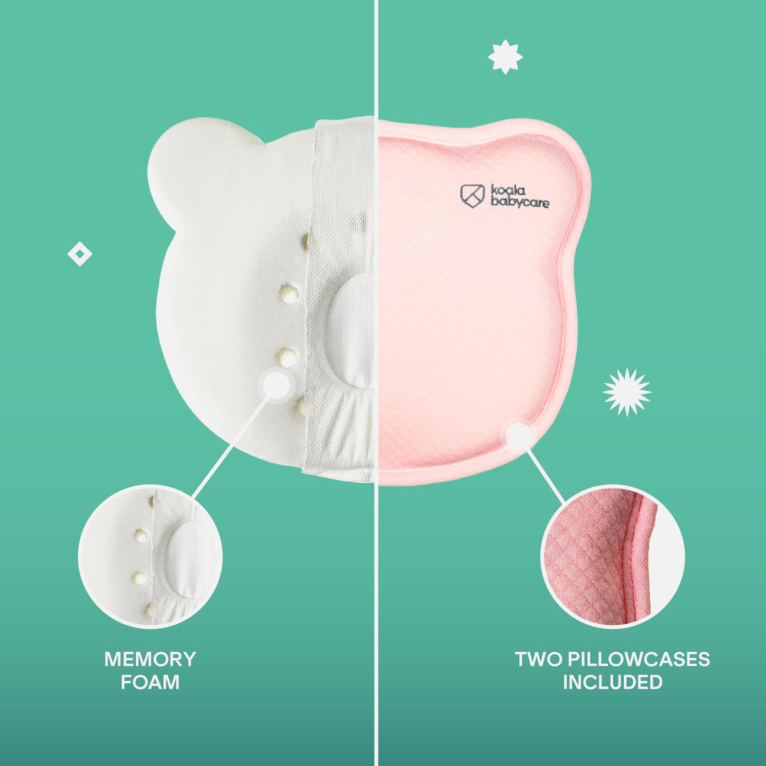 Koala Babycare Koala Perfect Head pillow in pink showing memory foam interior and two included pillowcases for convenience.