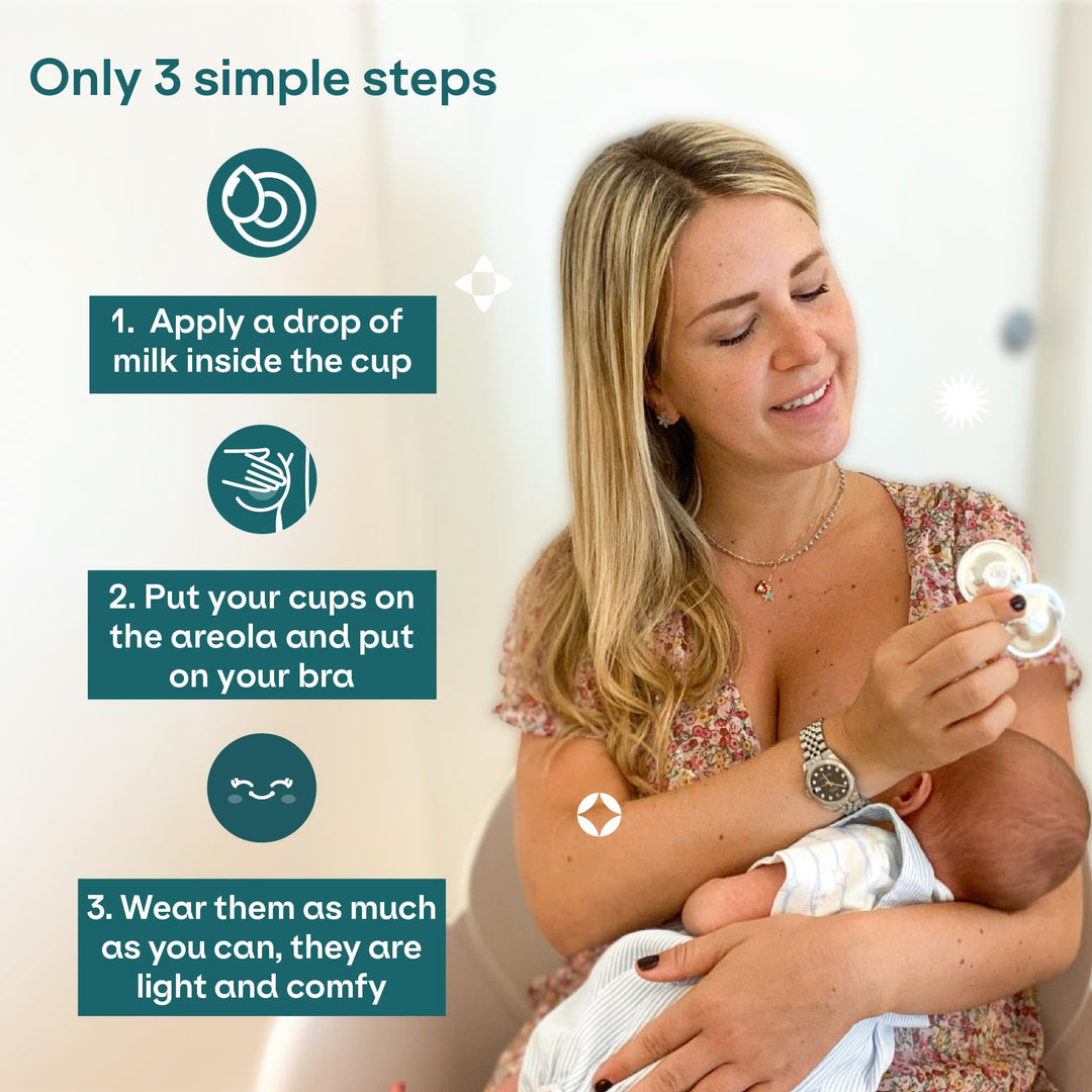 How to use Koala Babycare Koala Silver Cups in 3 simple steps: 1. Apply a drop of breast milk inside the cup, 2. Place the cups on the areola and wear your bra, 3. Wear them as much as possible for light and comfortable relief.