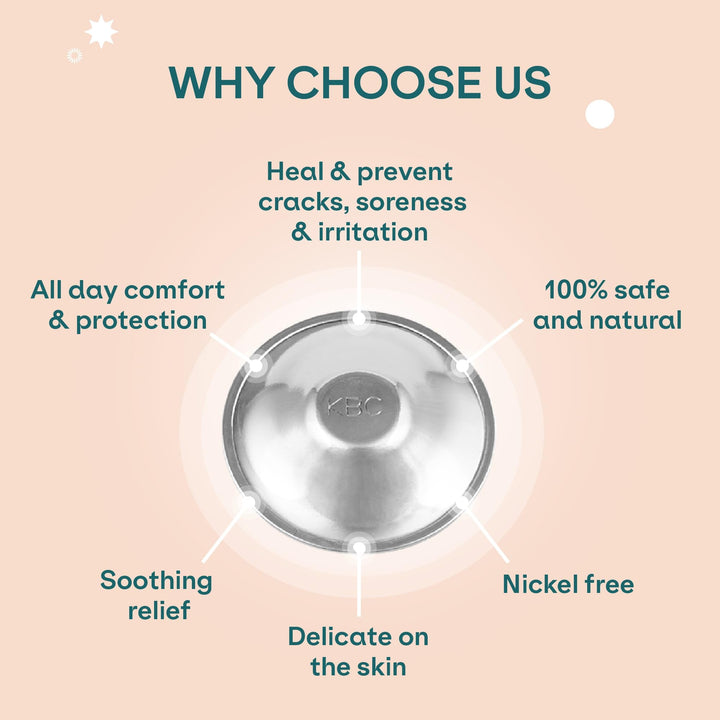 Why Choose Koala Babycare Koala Silver Cups: A diagram highlighting key benefits, including healing and preventing cracks, soreness, and irritation, providing all-day comfort and protection, soothing relief, being delicate on the skin, 100% safe and natural, and nickel-free.