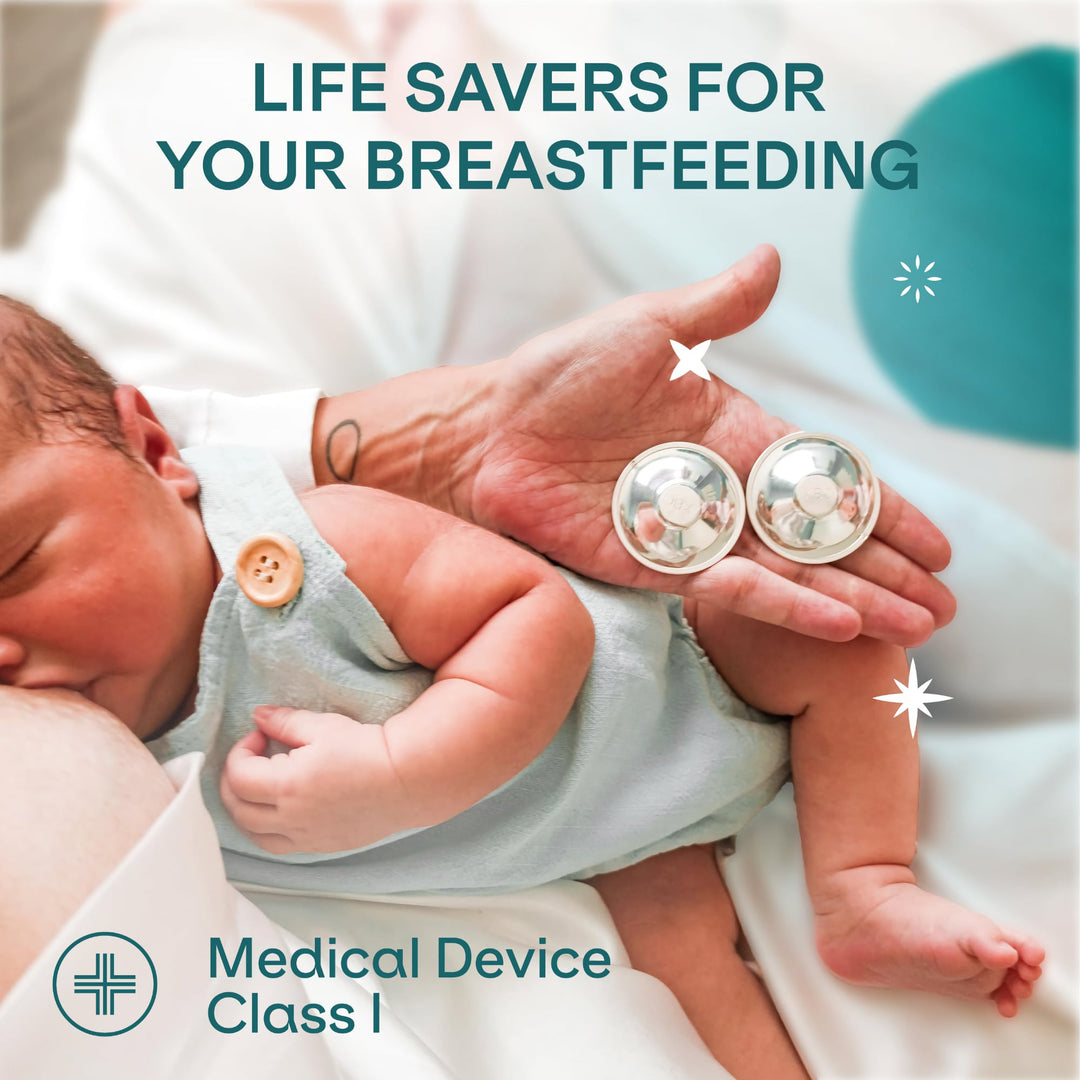 Koala Babycare Koala Silver Cups shown with a breastfeeding mother and baby, highlighting comfort and healing benefits.