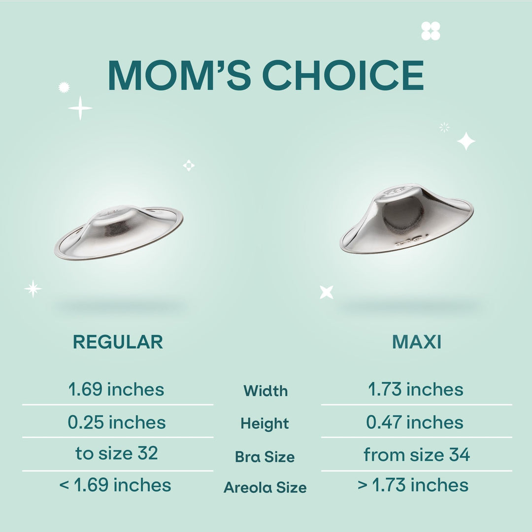 Koala Babycare Koala Silver Cups size guide: Regular (1.69 in wide, 0.25 in high, fits bra sizes up to 32) and Maxi (1.73 in wide, 0.47 in high, fits bra sizes 34+).