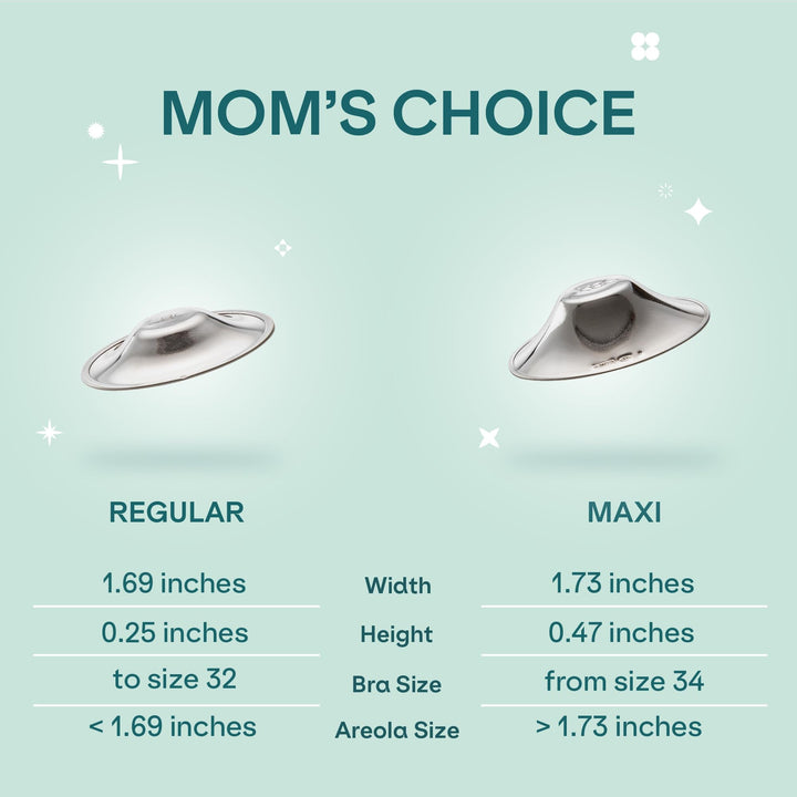 Koala Babycare Koala Silver Cups size guide: Regular (1.69 in wide, 0.25 in high, fits bra sizes up to 32) and Maxi (1.73 in wide, 0.47 in high, fits bra sizes 34+).