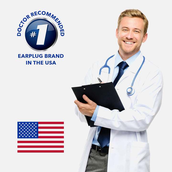 Doctor recommended Mack's as the #1 earplug brand in the USA, featuring a smiling doctor and American flag