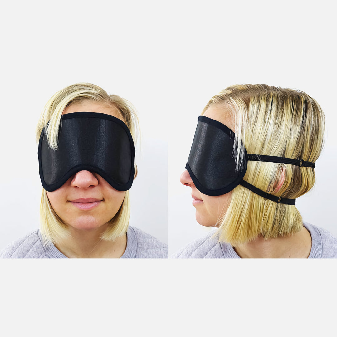 Model wearing Mack's Shut-Eye Shade Sleep Mask, shown from front and side angles to highlight fit and adjustable straps.