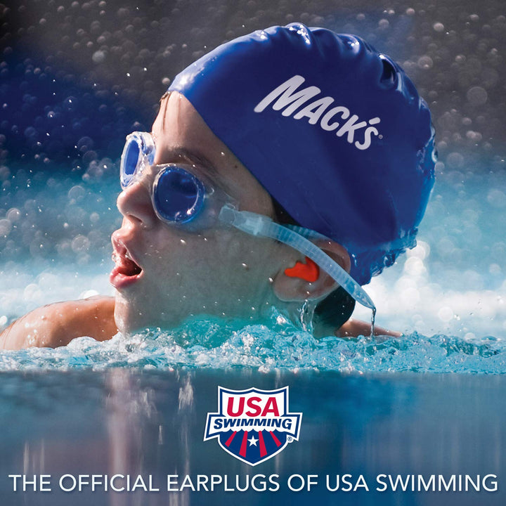 Child swimmer wearing Mack's earplugs in pool, official earplugs of USA Swimming for water protection and comfort