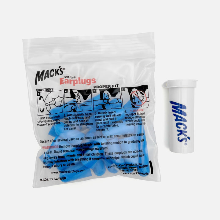 Mack's Sound Asleep foam earplugs with usage instructions and travel case, 12 pairs in resealable bag