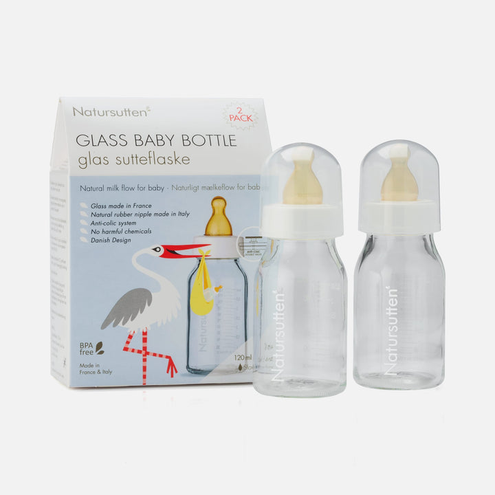 Natursutten 110ml glass baby bottles 2-pack with natural rubber nipples and anti-colic design, made in France and Italy