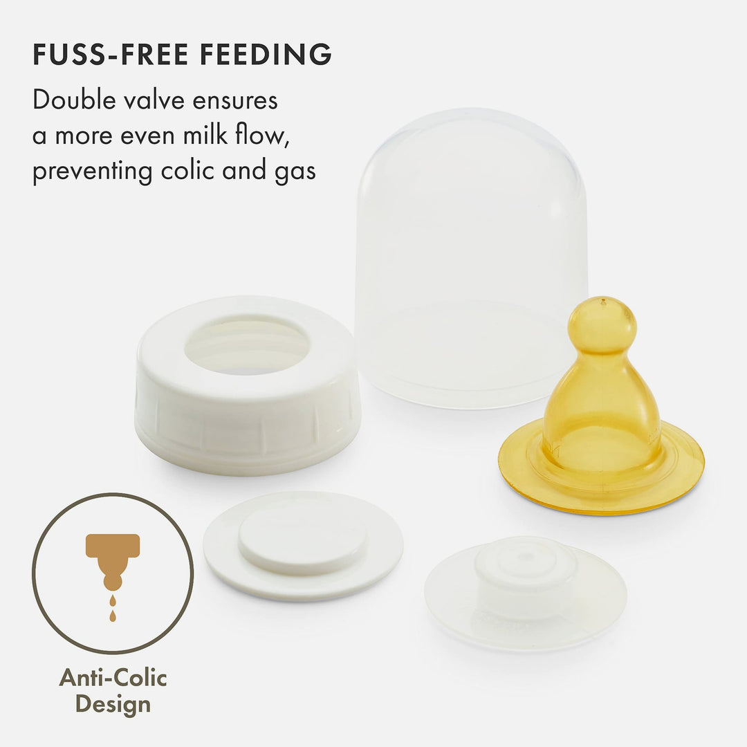 Natursutten baby bottle parts including nipple, cap, ring, and anti-colic double valve for smooth milk flow and reduced gas
