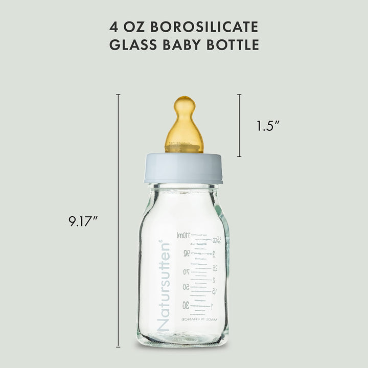 Natursutten 4 oz borosilicate glass baby bottle with natural rubber nipple, shown with height and nipple size measurements