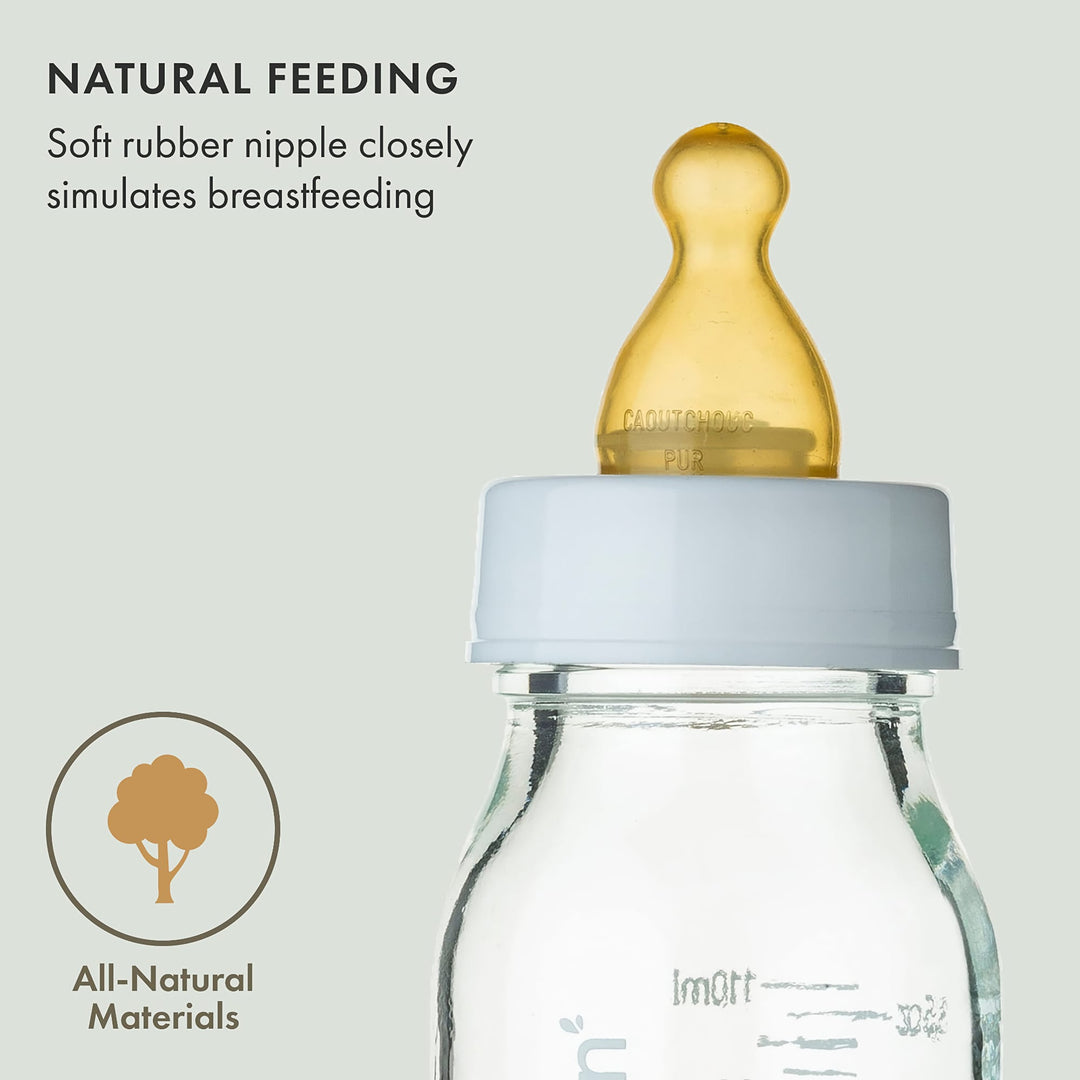 Close-up of Natursutten glass baby bottle with soft natural rubber nipple that mimics breastfeeding, made from all-natural materials