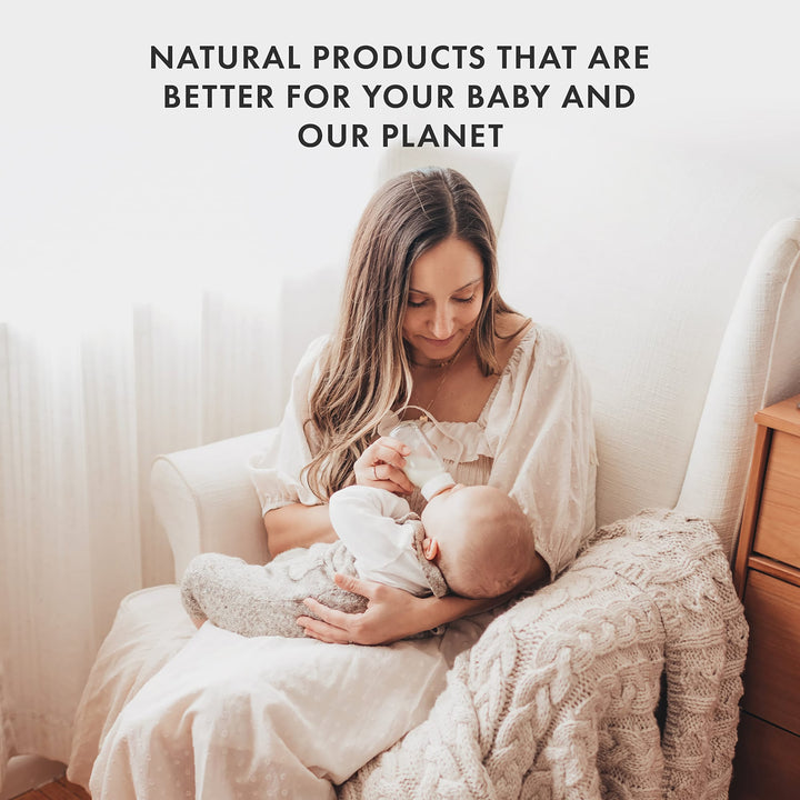 Mother feeding baby with Natursutten glass bottle, promoting natural, eco-friendly products safe for baby and the environment