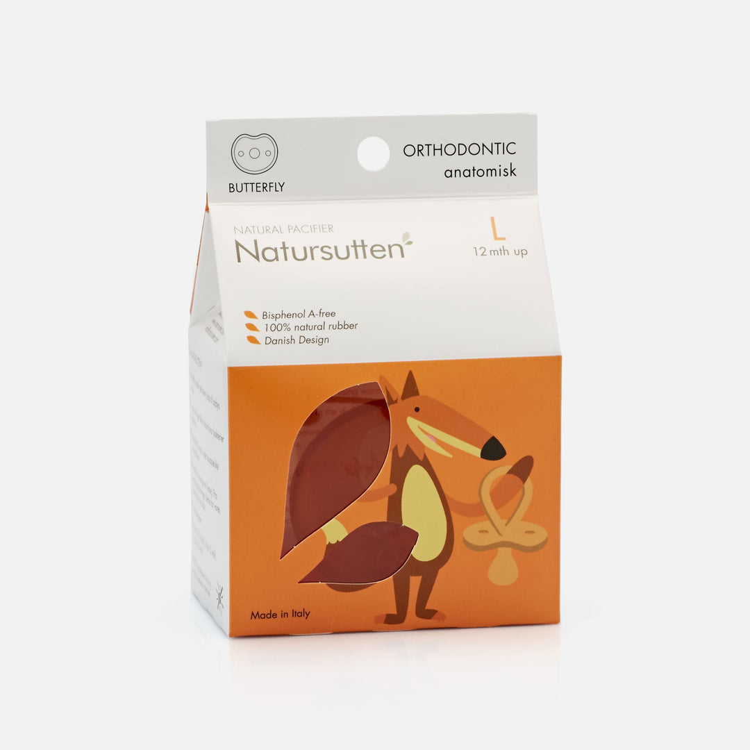 Natursutten Butterfly Orthodontic Pacifier (Large, 12+ Months) in eco-friendly packaging, made from 100% natural rubber.