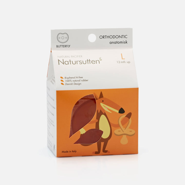 Natursutten Butterfly Orthodontic Pacifier (Large, 12+ Months) in eco-friendly packaging, made from 100% natural rubber.