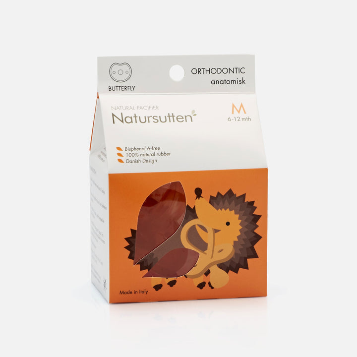 Natursutten Butterfly Orthodontic Pacifier (Medium, 6-12 Months) in eco-friendly packaging, made from 100% natural rubber.