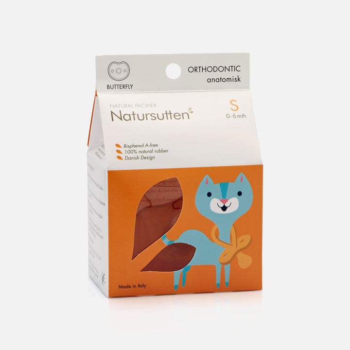 Natursutten Butterfly Orthodontic Pacifier (Small, 0-6 Months) in eco-friendly packaging, made from 100% natural rubber.