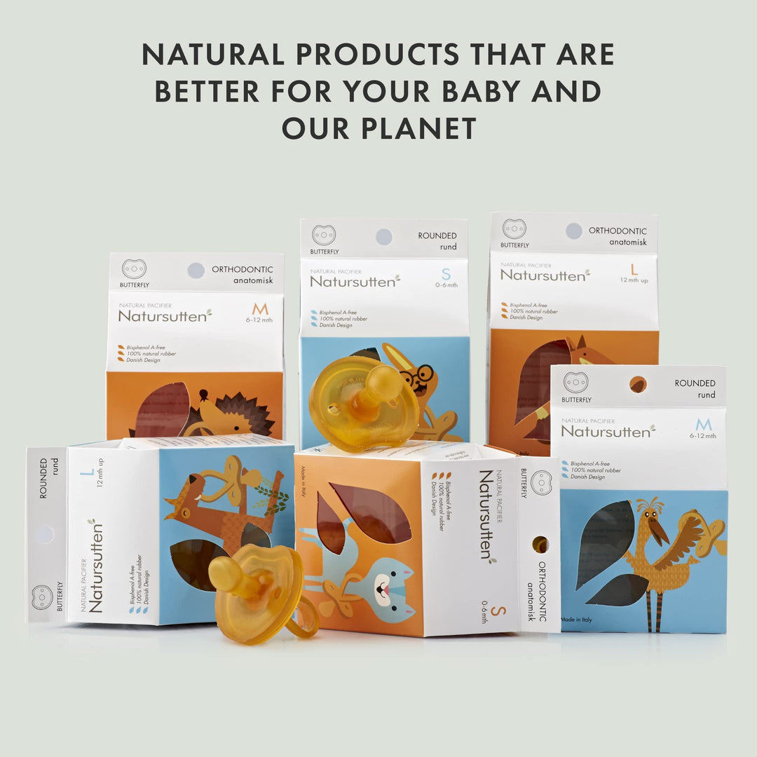 Natursutten Natural Rubber Butterfly Pacifier product lineup with eco-friendly packaging, promoting natural and sustainable baby care.
