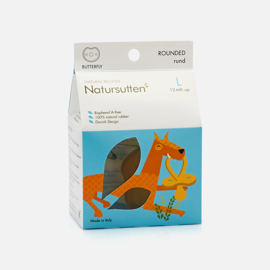 Natursutten large size natural rubber butterfly pacifier in retail box packaging for 12 months and up