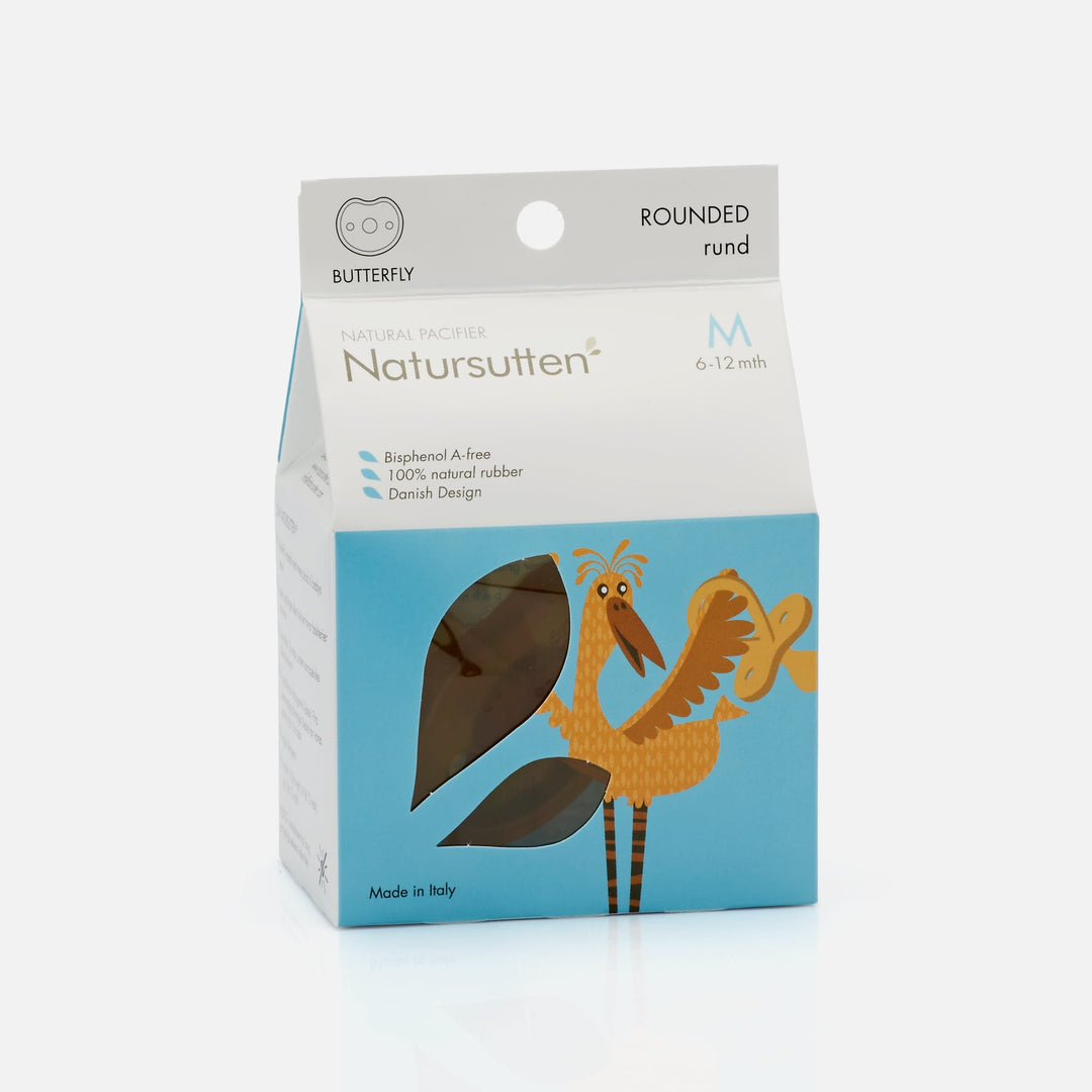 Natursutten medium size natural rubber butterfly pacifier in retail box packaging for 6–12 months