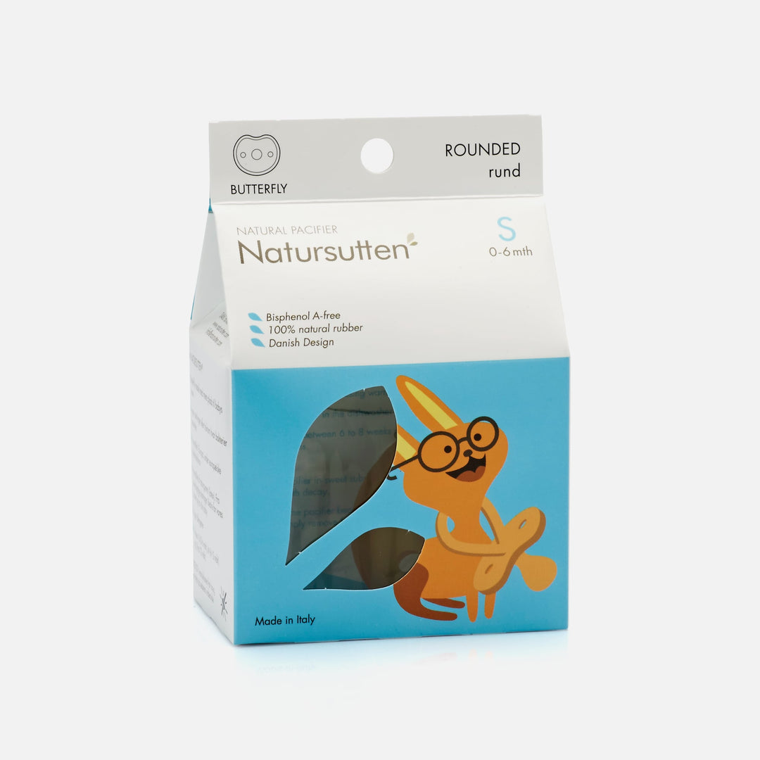 Natursutten small size natural rubber butterfly pacifier in retail box packaging for 0–6 months