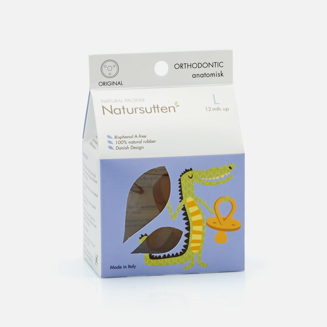 Natursutten Original Orthodontic pacifier in large size, shown in eco-friendly retail packaging