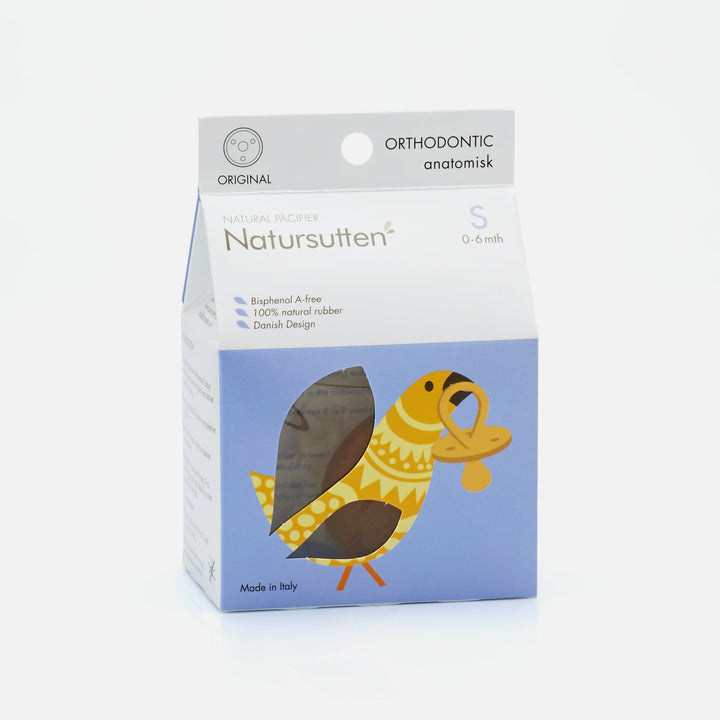 Natursutten Original Orthodontic pacifier in small size, shown in eco-friendly retail packaging