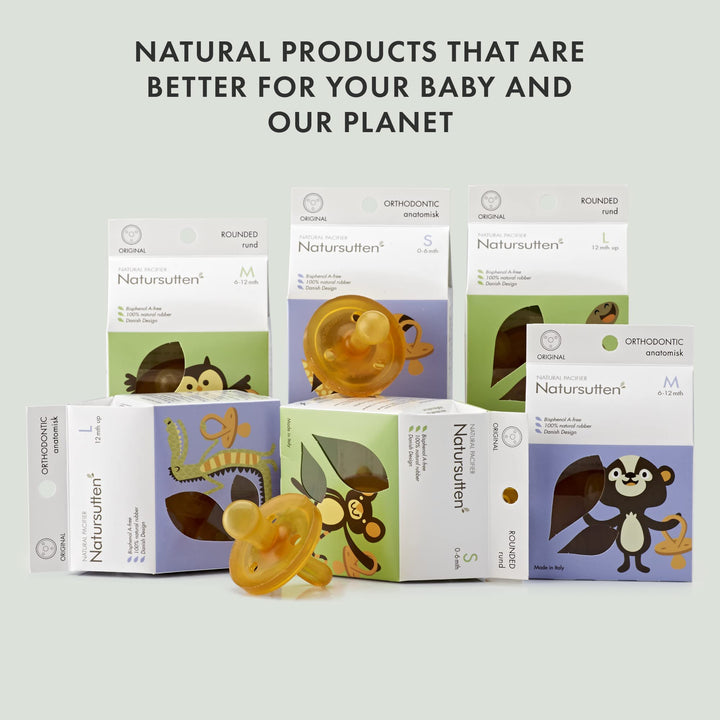 Natursutten pacifiers in eco-friendly packaging, shown in various sizes and designs