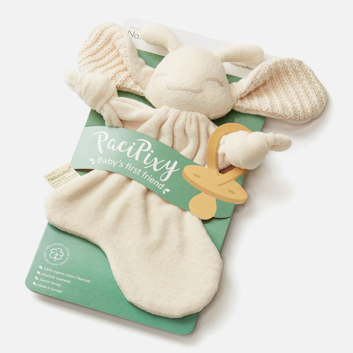 Natursutten PaciPixy baby comforter and pacifier holder made from 100% organic cotton, soft and safe for newborns.
