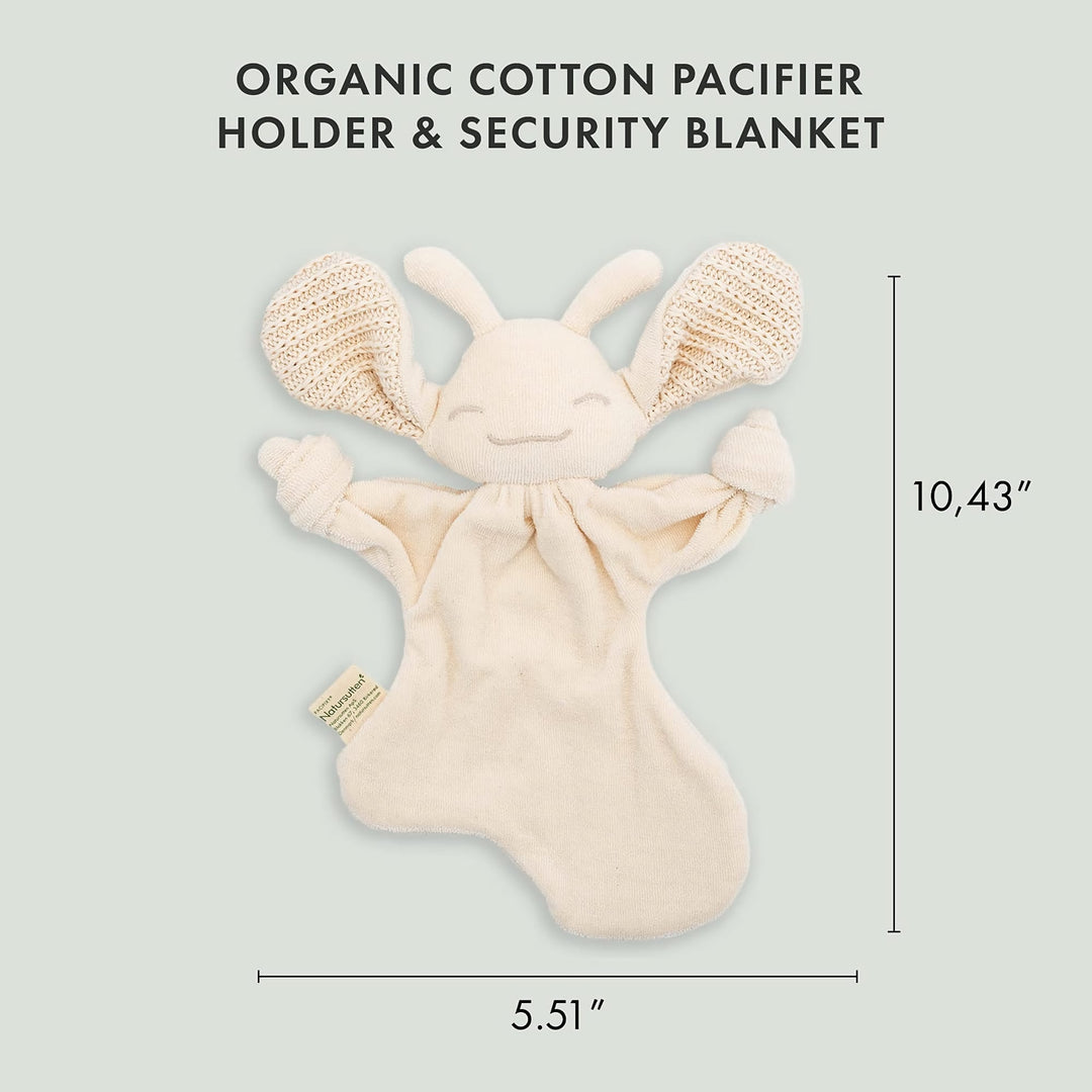 Natursutten PaciPixy organic cotton pacifier holder and security blanket with dimensions 10.43 x 5.51 inches.