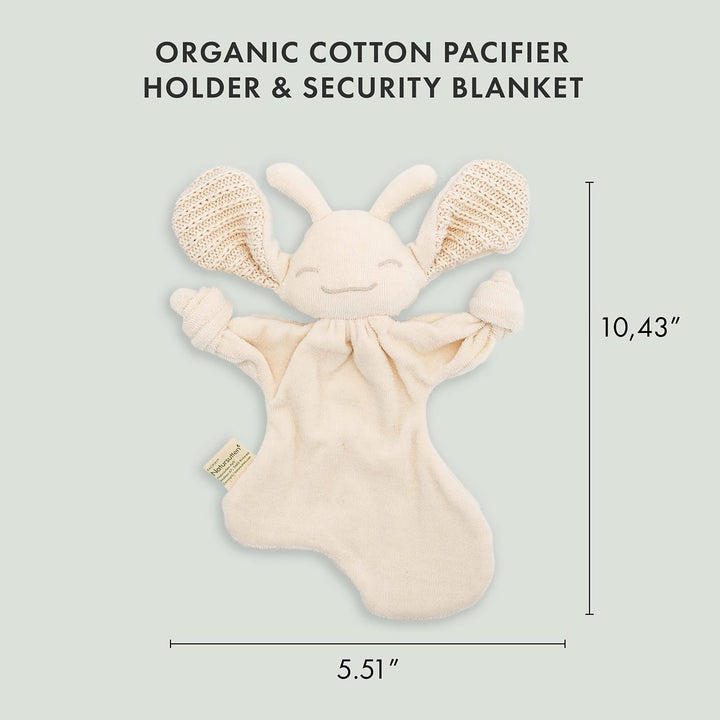 Natursutten PaciPixy organic cotton pacifier holder and security blanket with dimensions 10.43 x 5.51 inches.