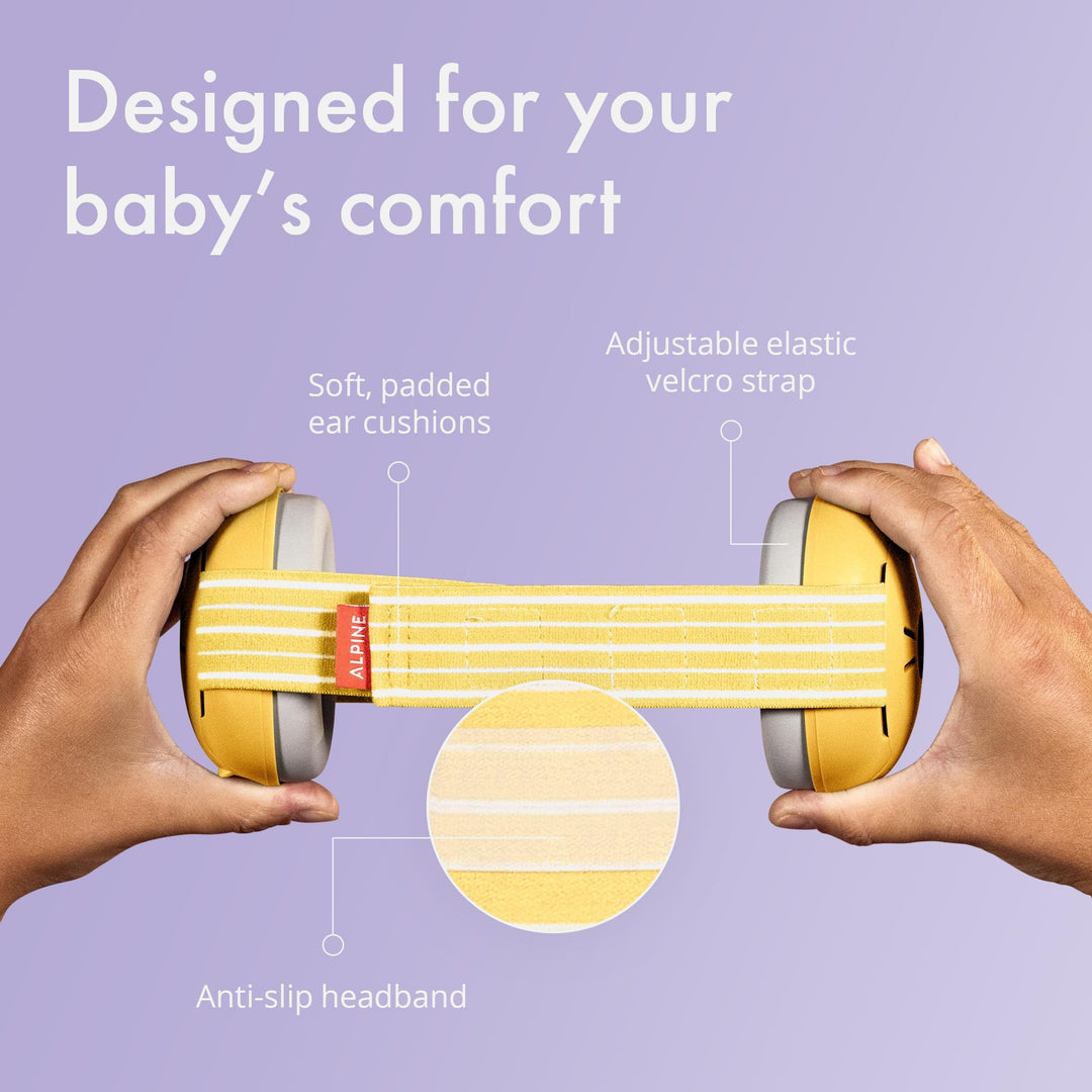 Alpine Muffy Baby Earmuffs in yellow, designed for baby’s comfort with soft padded ear cushions, adjustable elastic velcro strap, and anti-slip headband.