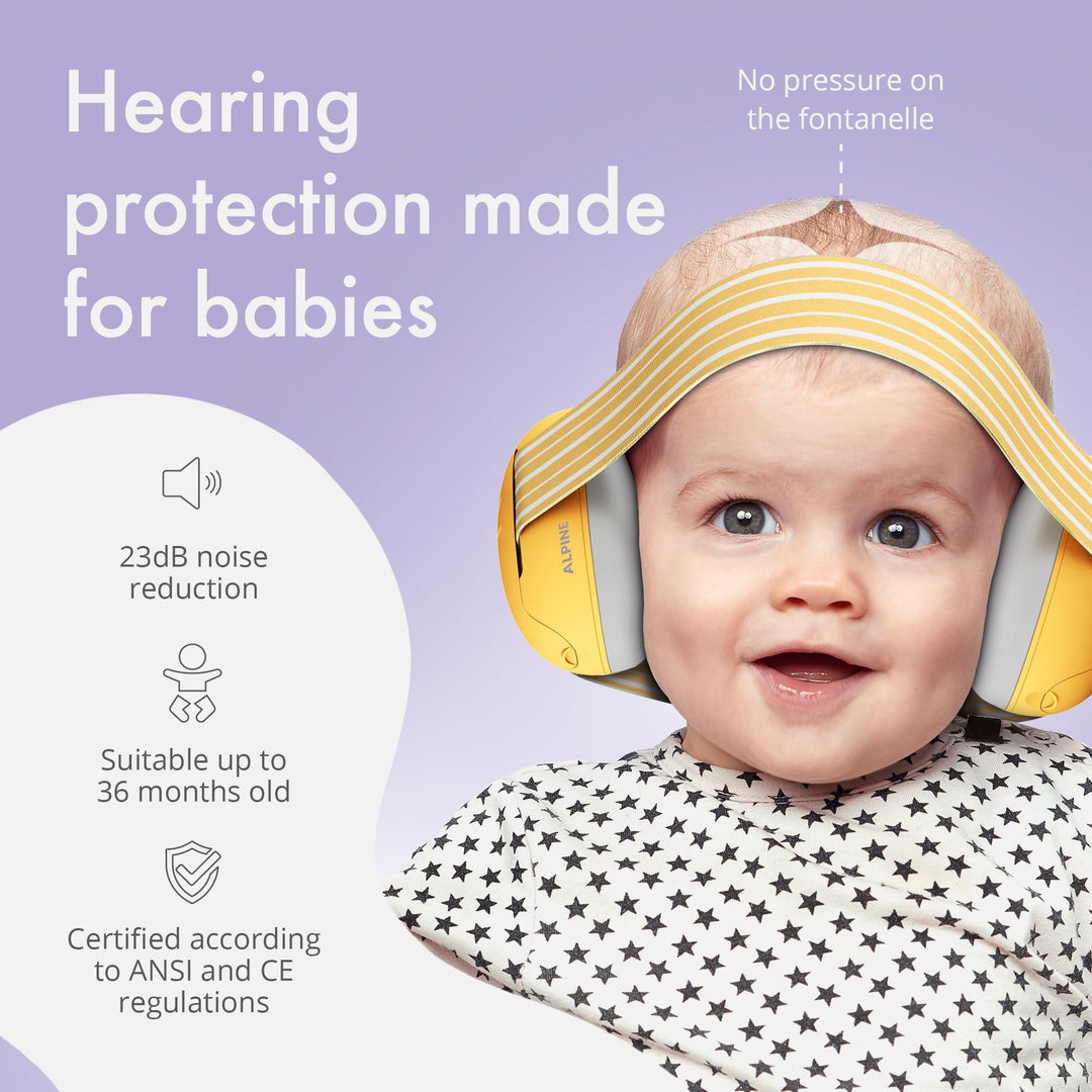 Alpine Muffy Baby Earmuffs in yellow, providing hearing protection for babies with no pressure on the fontanelle, featuring 23dB noise reduction, suitable for up to 36 months, ANSI and CE certified.