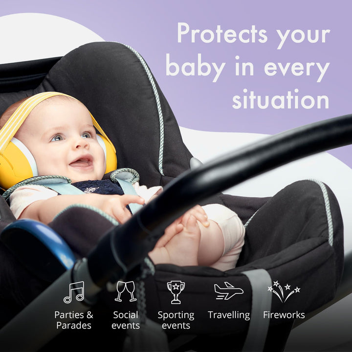 Baby wearing Alpine Muffy Baby Earmuffs in yellow, providing hearing protection for various situations, including parties, social events, sports, travel, and fireworks.