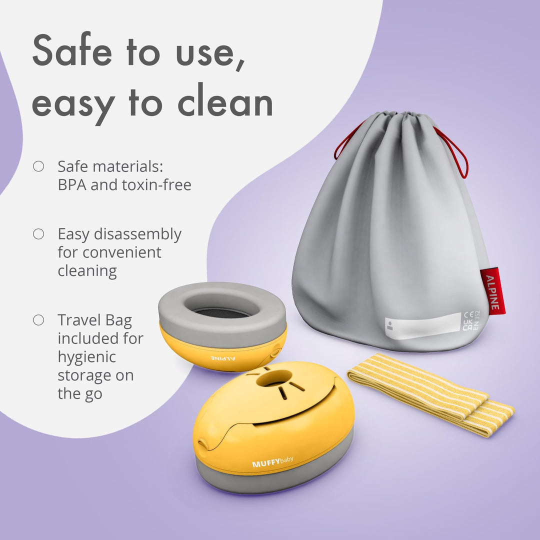 Alpine Muffy Baby Earmuffs in yellow, featuring BPA-free and toxin-free materials, easy disassembly for cleaning, and a travel bag for hygienic storage.