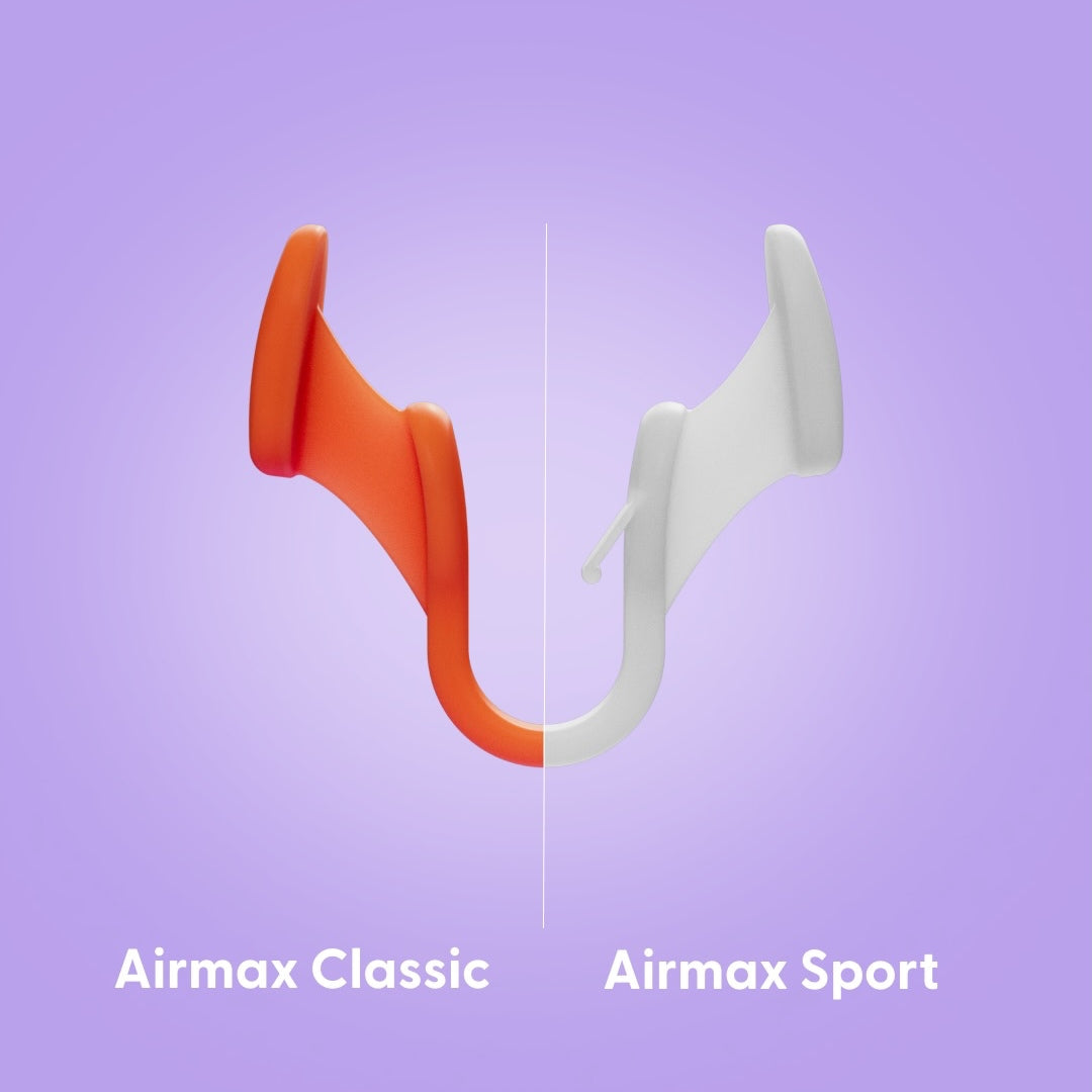 Airmax Classic orange and Sport transparent nasal dilators shown side by side on a purple background