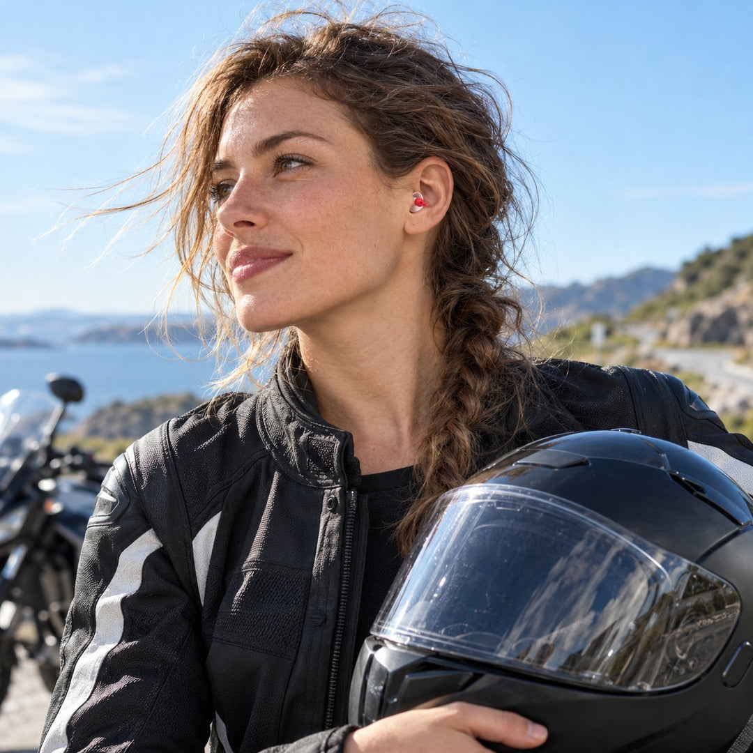 Woman wearing a red and white motorcycle earplug while holding a black helmet beside a coastal road
