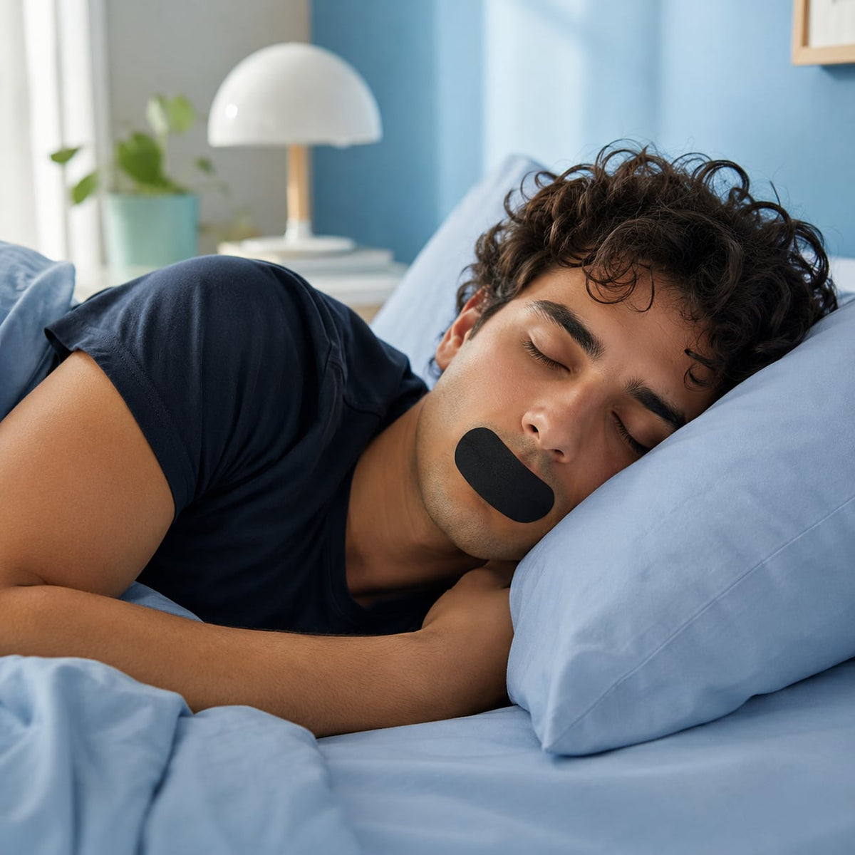 Man sleeping on his side with a black mouth tape strip in a blue bedroom