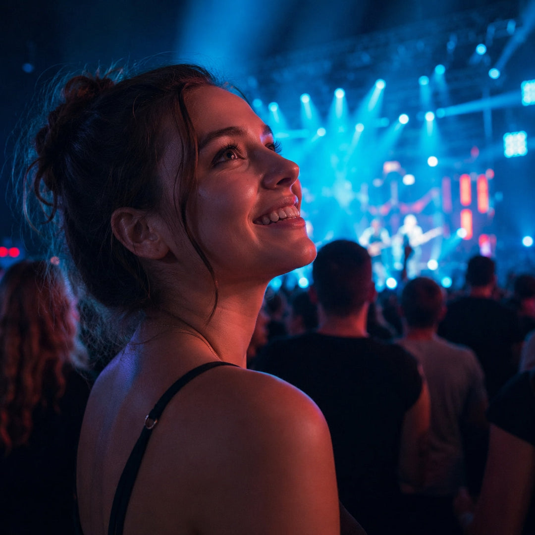 Young woman enjoying a live concert in a crowded venue with blue and coral stage lighting