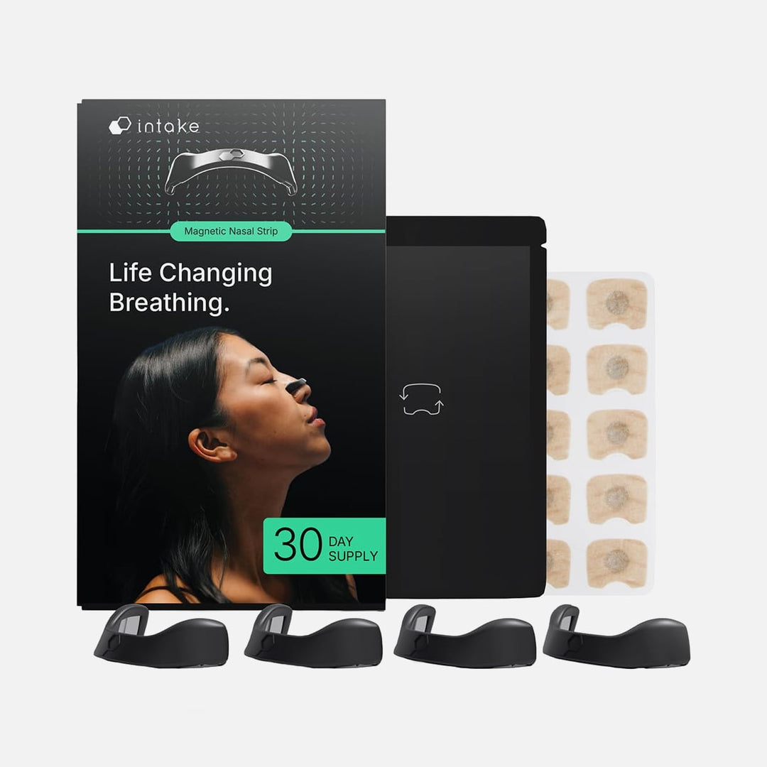 Intake Magnetic Nasal Strip 30-day supply kit with reusable bands and adhesive tabs for enhanced airflow and sleep