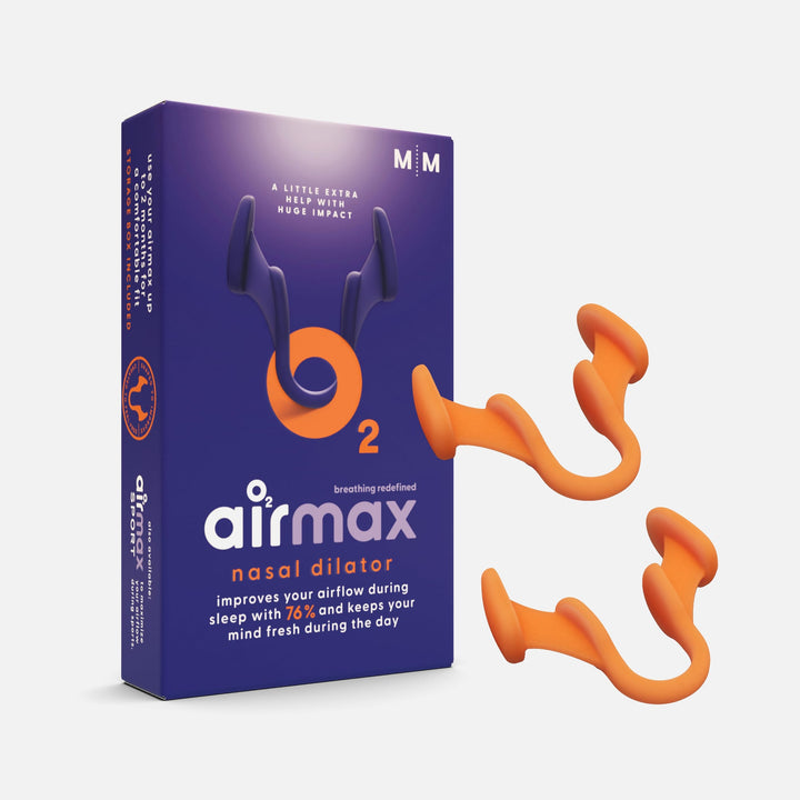 Airmax Nasal Dilator Classic packaging for 2 Pack Medium, designed to improve airflow by 76% for enhanced breathing and restful sleep.