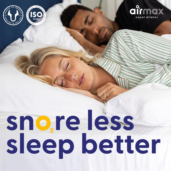Couple sleeping in bed while wearing blue and orange Airmax Nasal Dilator Classic devices, with a snore less message