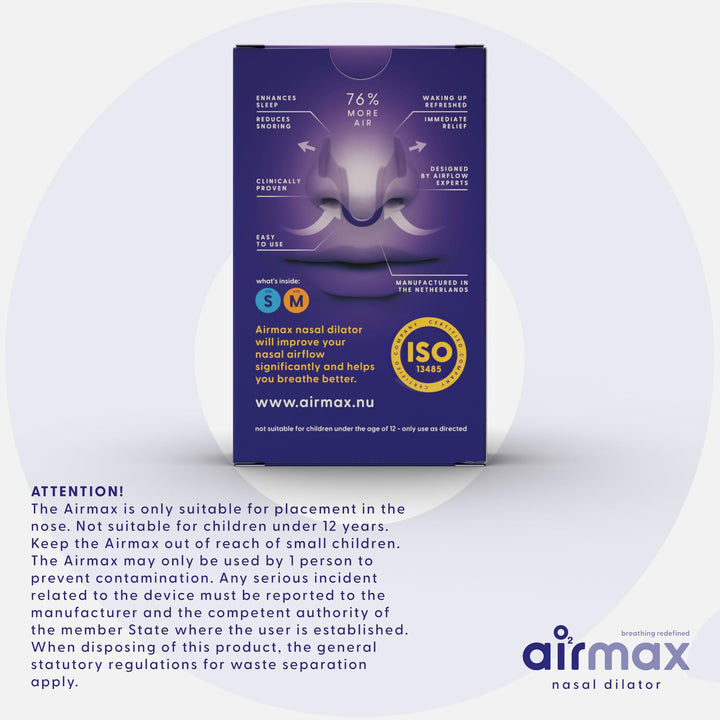 Back of Airmax Nasal Dilator packaging with features, benefits, ISO certification, and safety instructions, emphasizing enhanced airflow and improved breathing.