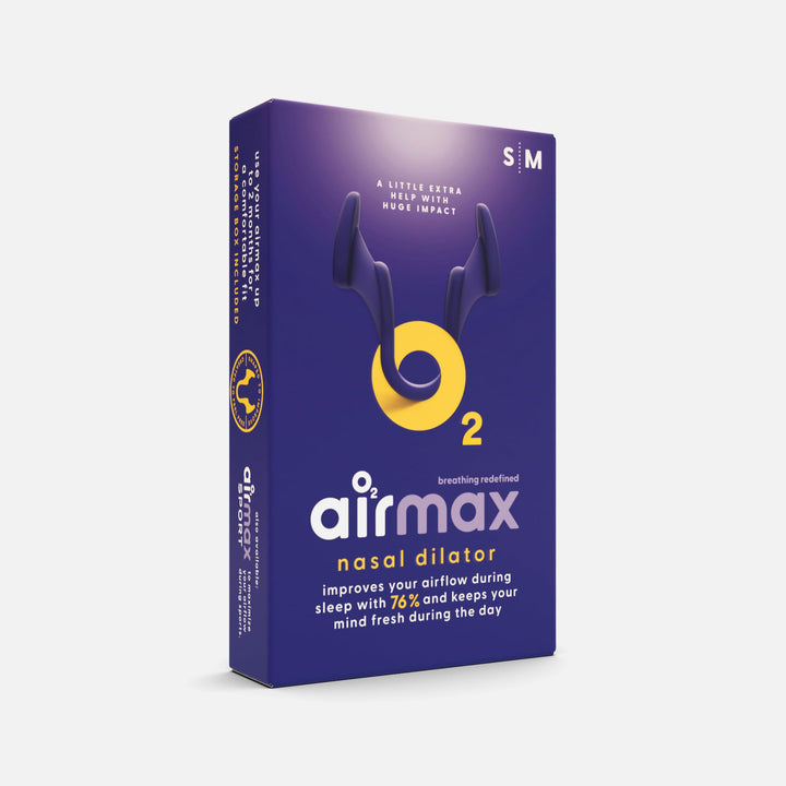 Airmax Nasal Dilator Classic trial pack packaging, improves airflow during sleep by 76% for a fresher mind throughout the day.