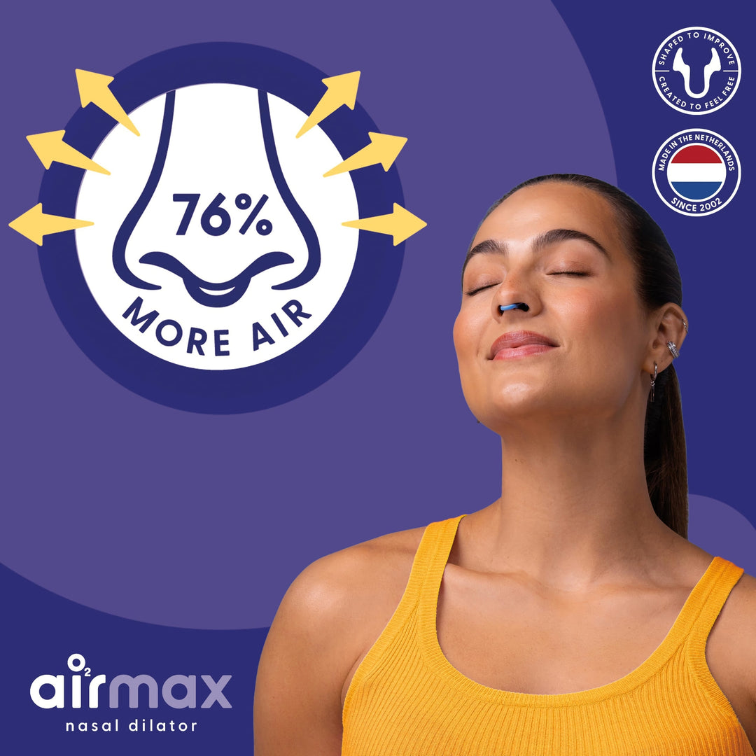 Woman wearing a blue Airmax Nasal Dilator Classic, with a graphic highlighting 76% more nasal airflow