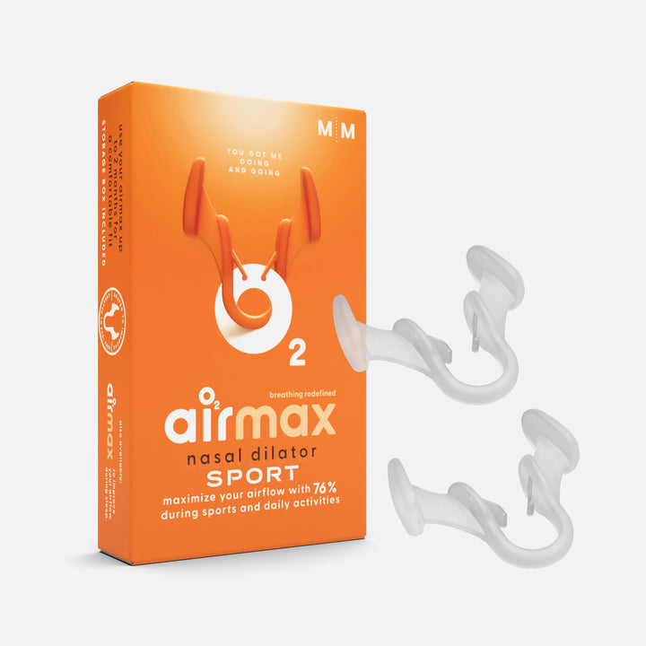 Airmax Nasal Dilator Sport in medium size, 2-pack, designed to maximize airflow by 76% for sports and daily activities.