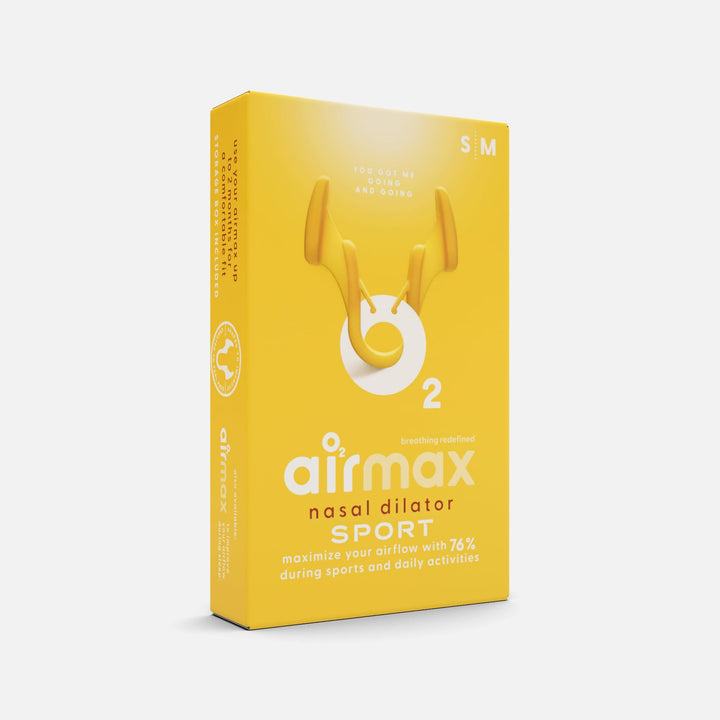 Airmax Nasal Dilator Sport packaging, designed to enhance airflow by 76% for improved breathing during sports and daily activities.