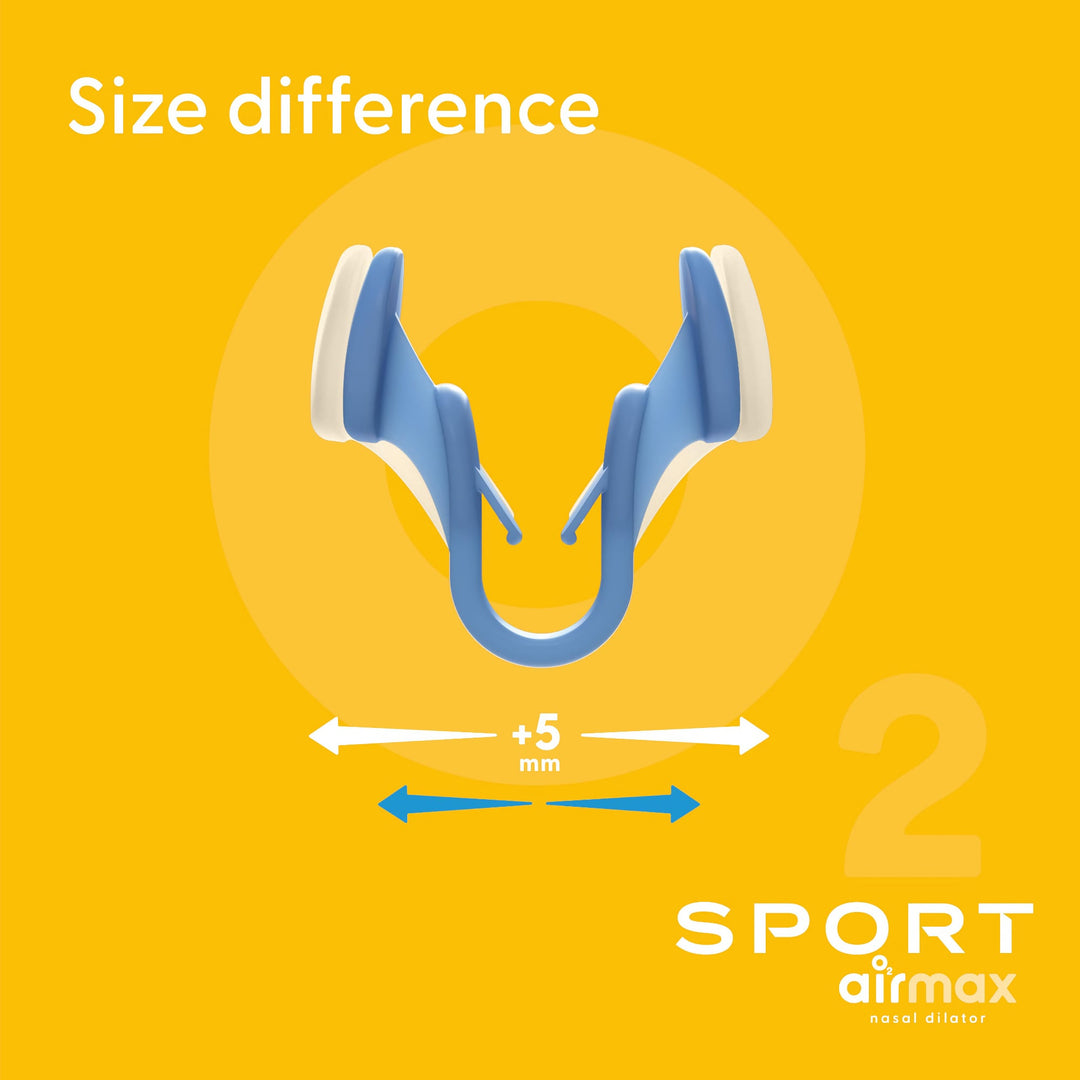 Airmax Nasal Dilator Sport illustrating size difference with an additional 5mm for optimal fit and comfort during use.